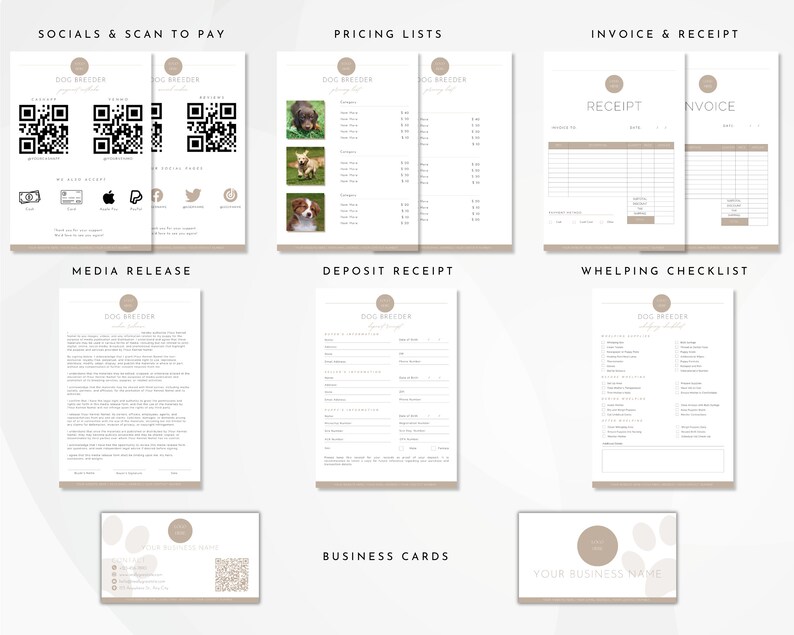 May include: A set of printable forms for dog breeders, including social media and scan to pay, pricing lists, invoice and receipt, media release, deposit receipt, whelping checklist, and business cards. The forms are in a minimalist style with a brown and white color scheme.