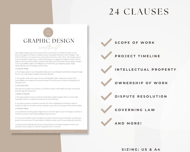 Puede incluir: Una plantilla de contrato de dise&ntilde;o gr&aacute;fico con 24 cl&aacute;usulas, que incluyen el alcance del trabajo, el cronograma del proyecto, la propiedad intelectual, la propiedad del trabajo, la resoluci&oacute;n de disputas, la ley aplicable y m&aacute;s. El contrato es para tama&ntilde;os US y A4.