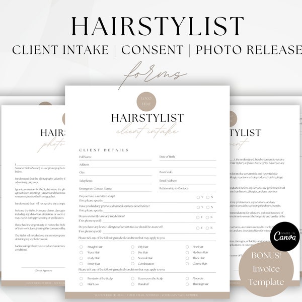 Hair Stylist Client Intake Form, Hair Salon Services Agreement, Photo Release Form, Consent Template