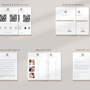 May include: A set of printable documents for a makeup artist business. The documents include a social media and scan to pay page, a pricing list, a cancellation policy, and a contact us page. The documents are designed in a minimalist style with a light brown color scheme.