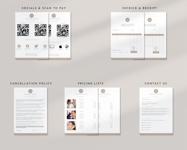 May include: A set of printable documents for a makeup artist business. The documents include a social media and scan to pay page, a pricing list, a cancellation policy, and a contact us page. The documents are designed in a minimalist style with a light brown color scheme.