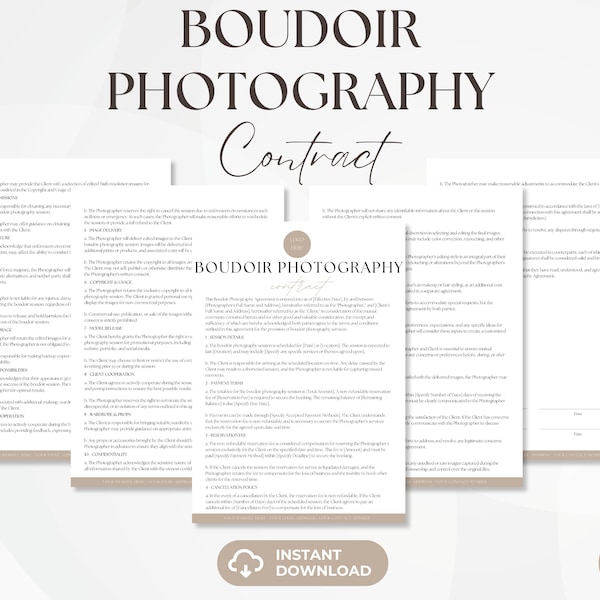 Boudoir Photography Contract, Photography Session Services Agreement, Boudoir Photography Client Contract, Editable Canva Template