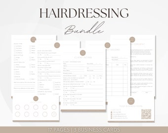 May include: A set of 17 printable pages for a hairdressing business, including client intake forms, consent forms, and client record forms. The pages are designed in a minimalist style with a light brown color scheme. The set also includes three business cards with a QR code.