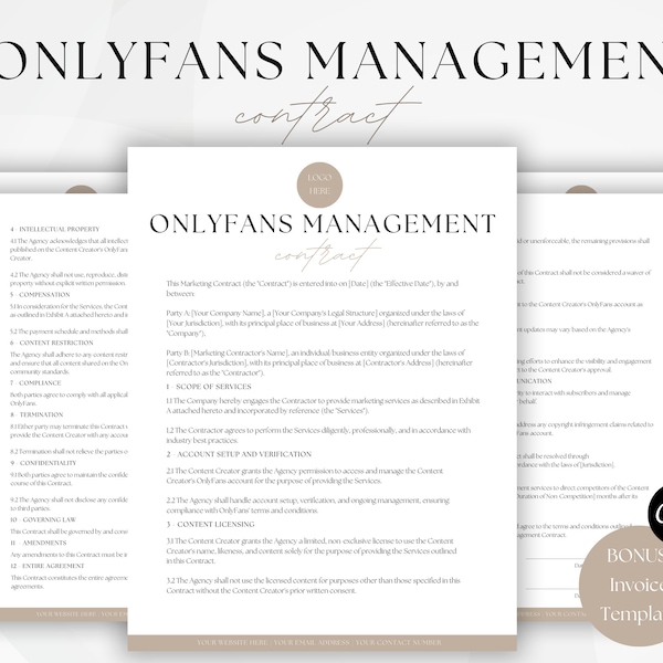 Modèle de contrat d'agence de gestion OnlyFans, contrat de gestion de médias sociaux, contrat d'accord type Instagram