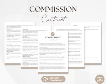 May include: A beige and brown commission contract template with the text "COMMISSION Contract" in a handwritten font. The document includes sections for "The Company", "The Representative", "Performance Metrics", "Client Company Rights", "Company Indemnification", "Reporting", "Confidentiality", "Termination", "Governing Law", "Notices", "Entire Agreement", "Waivers", "Severability", "Assignment", "Force Majeure", "Dispute Resolution", "General Provisions", and "Signatures".