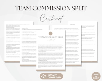 May include: A printable contract template for a team commission split agreement. The document includes sections for defining the agreement, compensation, and responsibilities of each team member. The contract is designed for use in a business setting.