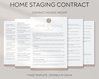 Könnte beinhalten: Eine 7-seitige Vorlage für einen Home-Staging-Vertrag, eine Rechnung und eine Quittung. Die Vorlage ist in Canva bearbeitbar und verfügt über ein beige-braunes Farbschema mit einem modernen Design.