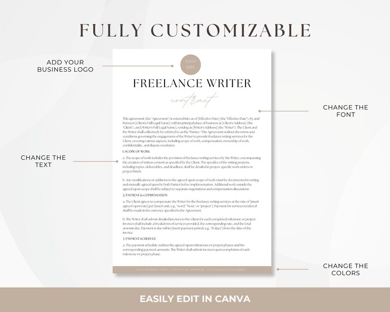 May include: A customizable freelance writer contract template in a light brown and white color scheme. The template includes sections for scope of work, payment and compensation, and payment schedule. The text "EASILY EDIT IN CANVA" is at the bottom of the template.
