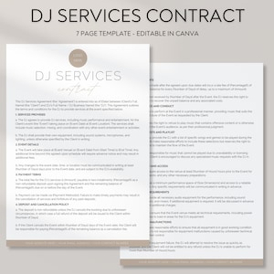 DJ Service Contract - Editable DJ Agreement, Wedding Dj Contract, Disc Jockey Event Service Agreement, DJ Business Contract, Canva Template