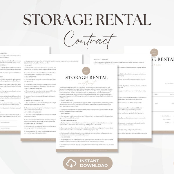 Storage Rental Contract, Storage Space Services Agreement, Garage Rental Agreement, Storage Rental Terms, Editable Contract Template