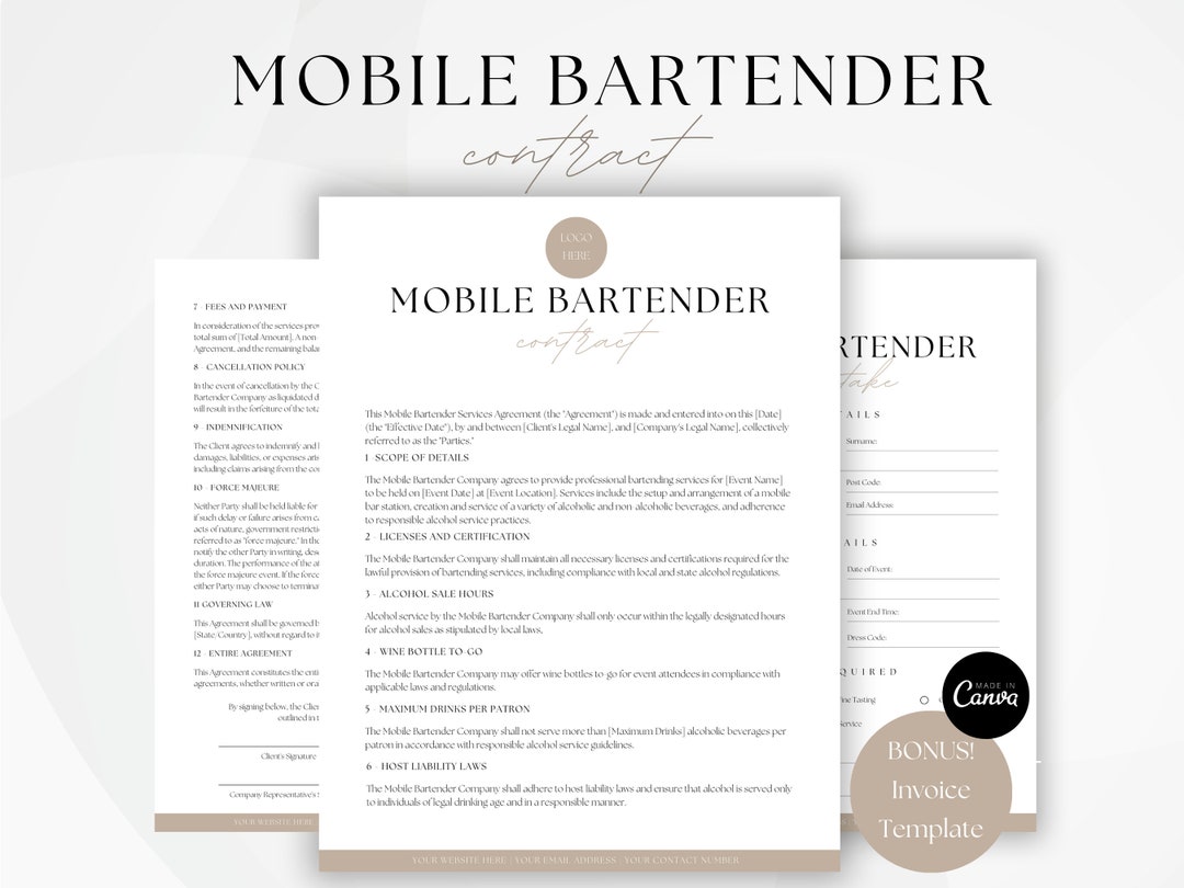 Mobile Bar Contract Template, Canva Editable Bartender Contract, Mobile