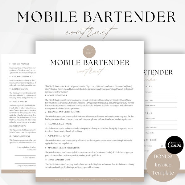 Mobile Bar Contract Template, Canva Editable Bartender Contract, Mobile Bar Service Contract, Bartending Services Agreement