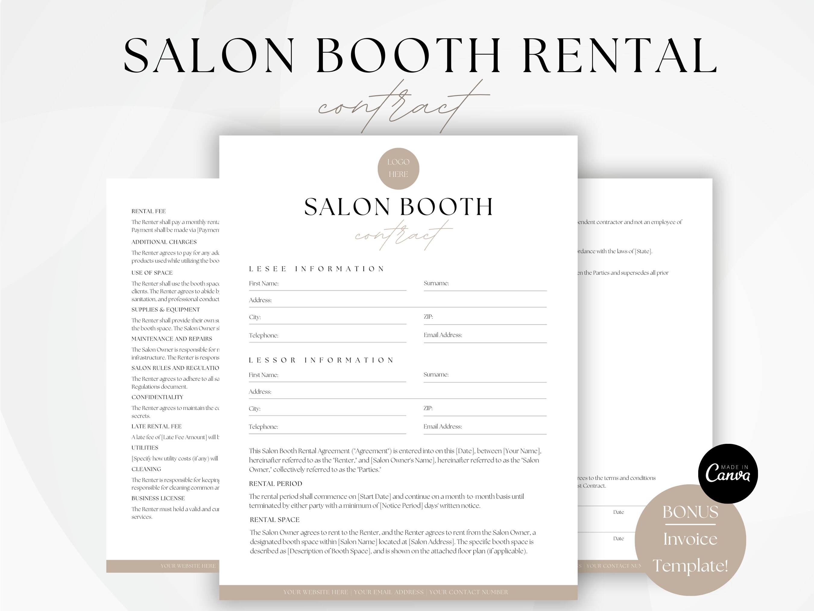 Salon Booth Rental Contract, Editable Booth Rental Agreement, Spa Rental, Salon Chair Rental