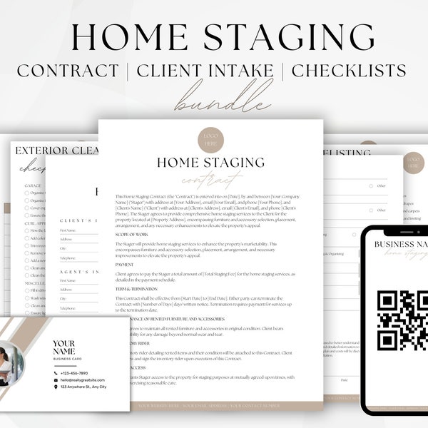 Contrato de Home Staging, Lista de verificación de bienes raíces, Formularios de admisión de clientes para agentes inmobiliarios y Home Stagers, Tarjetas de presentación editables