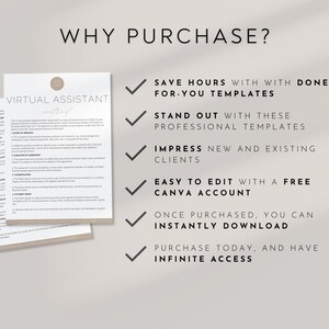 May include: A digital document labelled "Virtual Assistant Contract" with text, accompanied by a list of benefits: Save hours, stand out, impress clients, easy editing with Canva, instant download, and infinite access.