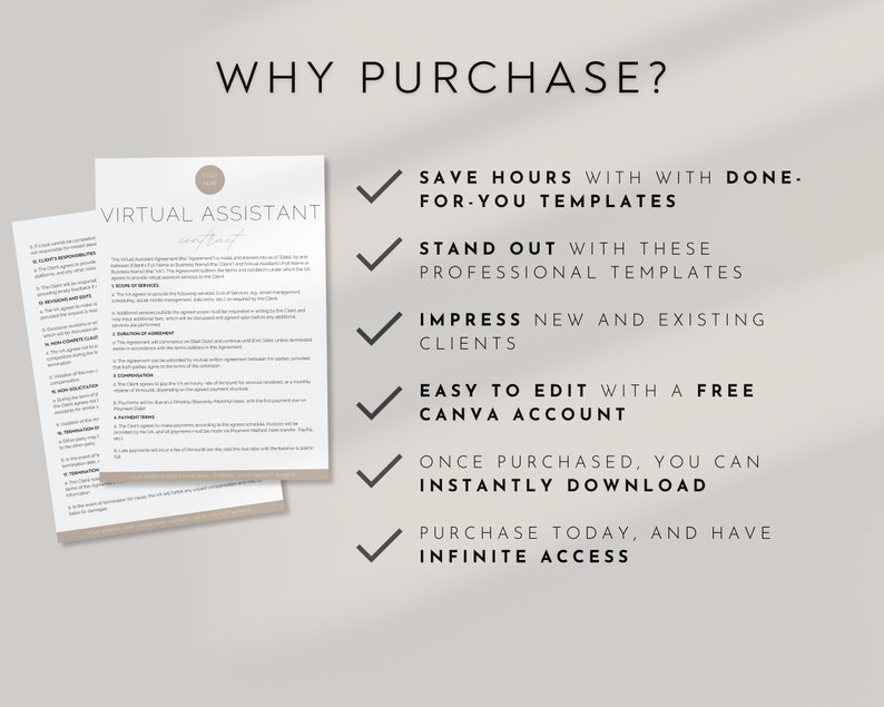 May include: A digital document labelled "Virtual Assistant Contract" with text, accompanied by a list of benefits: Save hours, stand out, impress clients, easy editing with Canva, instant download, and infinite access.