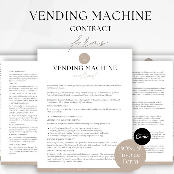 Vending Machine Contract, Vending Machine Services Agreement Template, Vending Rental Forms, Vending Machine Lease Management Template