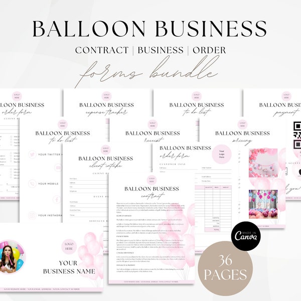 Kit de démarrage d’entreprise de ballons, contrat d’artiste de ballons, formulaire de commande de guirlande de ballons, cartes de visite de ballons, feuille de prix de ballons