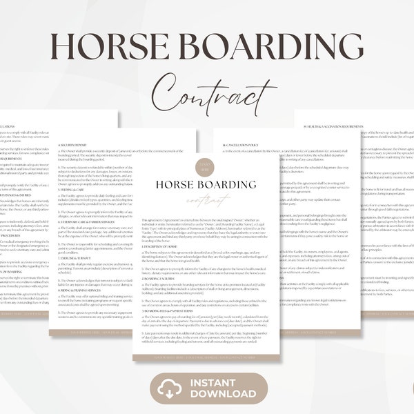 Horse Boarding Contract, Editable Horse Livery Services Agreement, Equine Boarding Agreement, Equestrian Business Forms, Instant Download