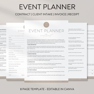 May include: A beige and white 8-page template for an event planner contract, client intake, invoice, and receipt. The template is editable in Canva and includes sections for event description, scope of services, compensation, payment schedule, and more.