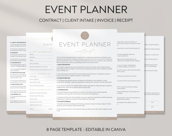 May include: A beige and white 8-page template for an event planner contract, client intake, invoice, and receipt. The template is editable in Canva and includes sections for event description, scope of services, compensation, payment schedule, and more.