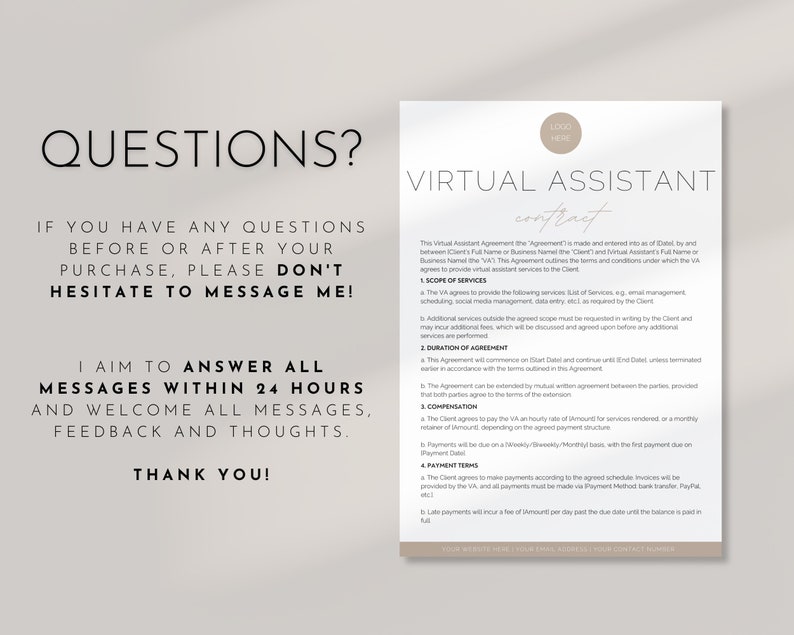 May include: A virtual assistant contract template with the title "VIRTUAL ASSISTANT contract". The document outlines the terms and conditions of the service, including scope, duration, compensation, and payment terms. The image also includes the text "QUESTIONS?" and contact information for the service.