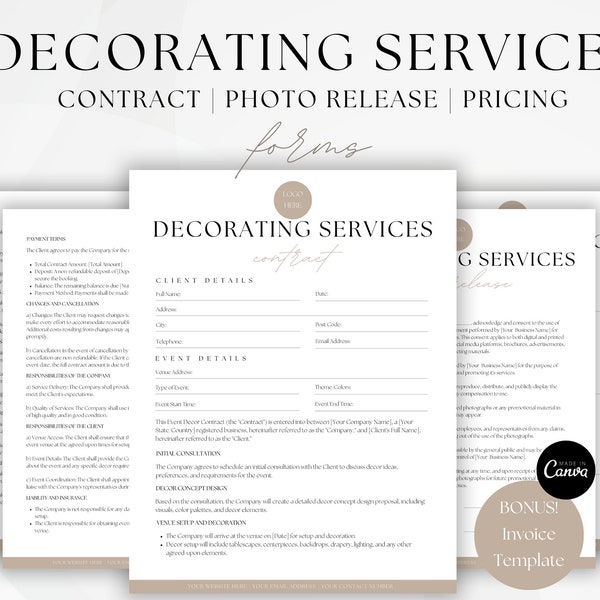 Event Decorating Services Contract,Client Service Agreement, Editable event planning forms, Wedding decor equipment rental, Canva Template