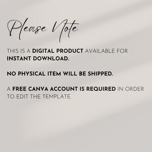 May include: A digital product notice on a light beige background. The text reads "Please Note" in elegant script, followed by details about instant download, no physical item, and a Canva account requirement.