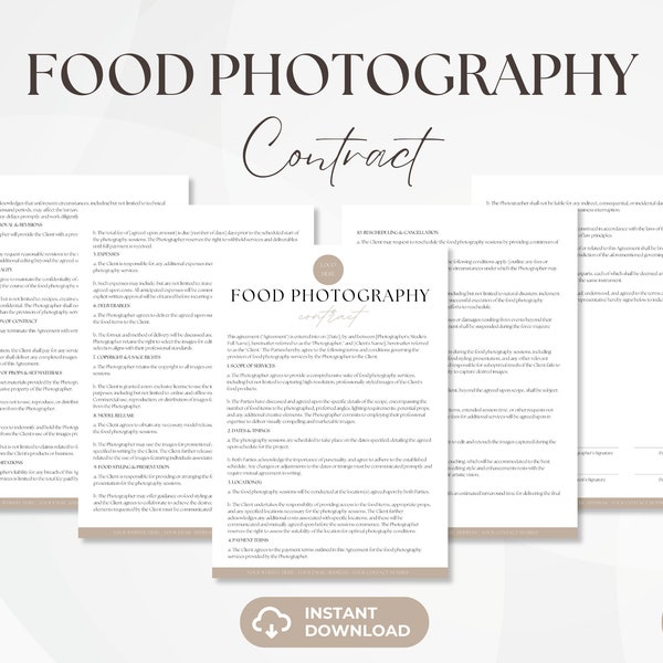 Contrat de photographie culinaire, accord de services commerciaux alimentaires, modèle de contrat de vidéographie, formulaires de photographe, téléchargement immédiat