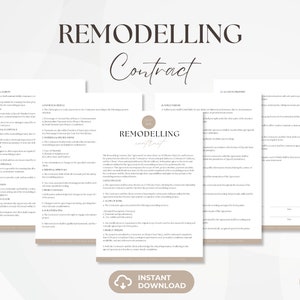 Peut inclure: Modèle de contrat de rénovation dans un style minimaliste avec un schéma de couleurs brun et blanc. Le document comprend des sections pour le client, l'entrepreneur, la portée du projet et l'accès à la propriété. Le texte "Contrat de rénovation" est en grande police, en gras.