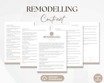 Remodelling Contract, Home Repair Services Agreement, Construction Contract Template, Editable Remodelling Contract, Canva Template