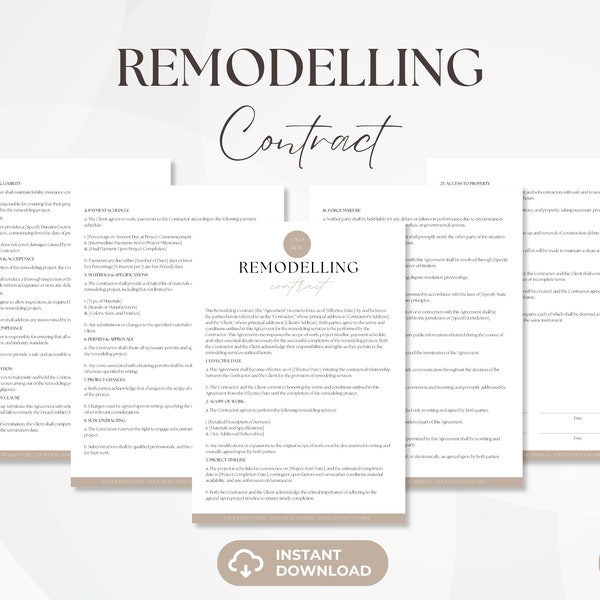 Remodelling Contract, Home Repair Services Agreement, Construction Contract Template, Editable Remodelling Contract, Canva Template