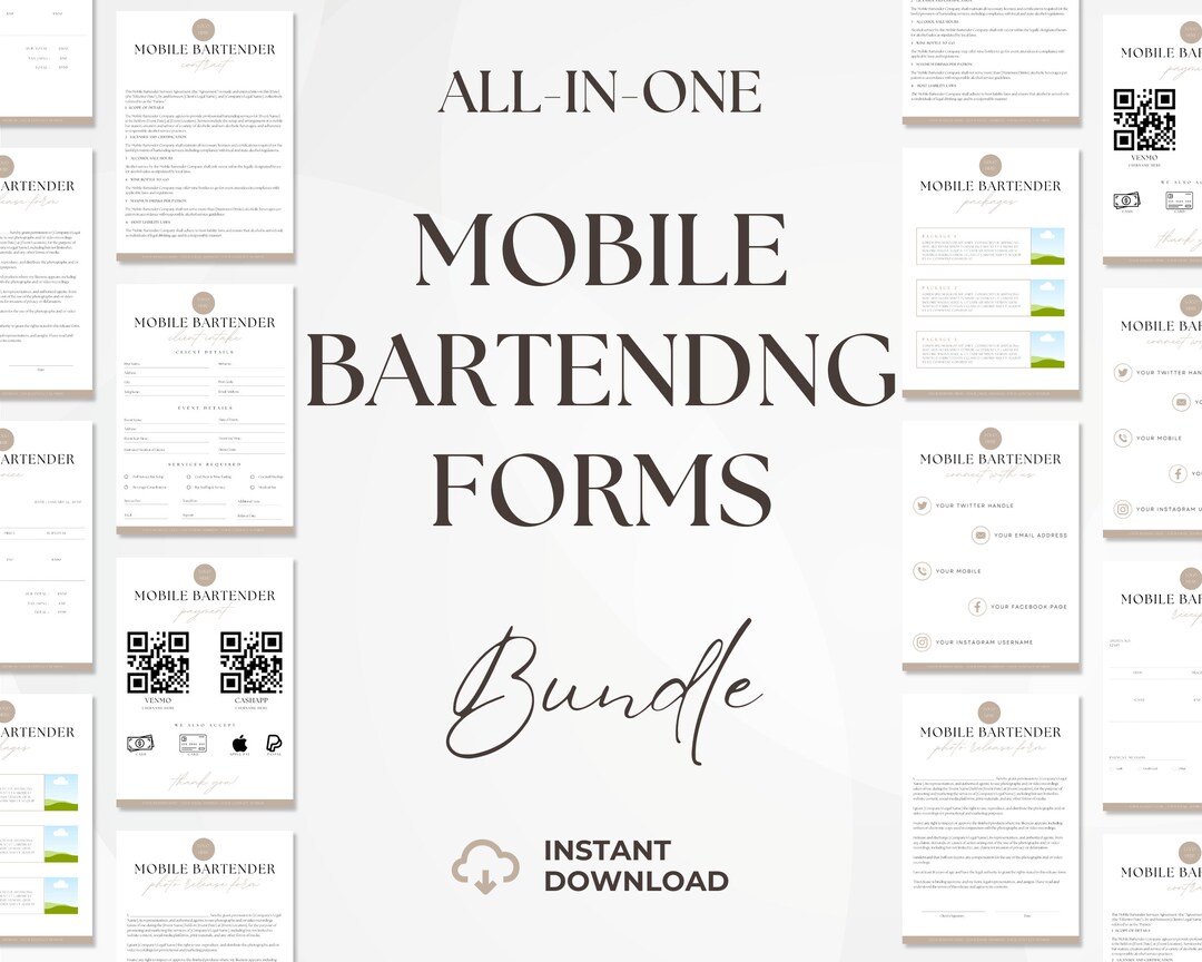 Mobile Bar Business Forms, Editable Bartender Contract, Mobile Bar