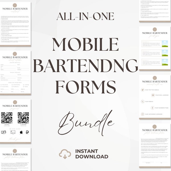 Mobile Bar Business Forms, Editable Bartender Contract, Mobile Bar Pricing Packages, Bartending Services Agreement, Photo Release Forms