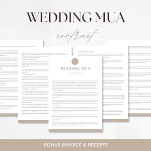 Può includere: Un modello di contratto per un truccatore di matrimoni con il titolo "Wedding MUA Contract" in uno schema di colori marrone e bianco. Il contratto include sezioni per servizi, prezzi e pagamento.