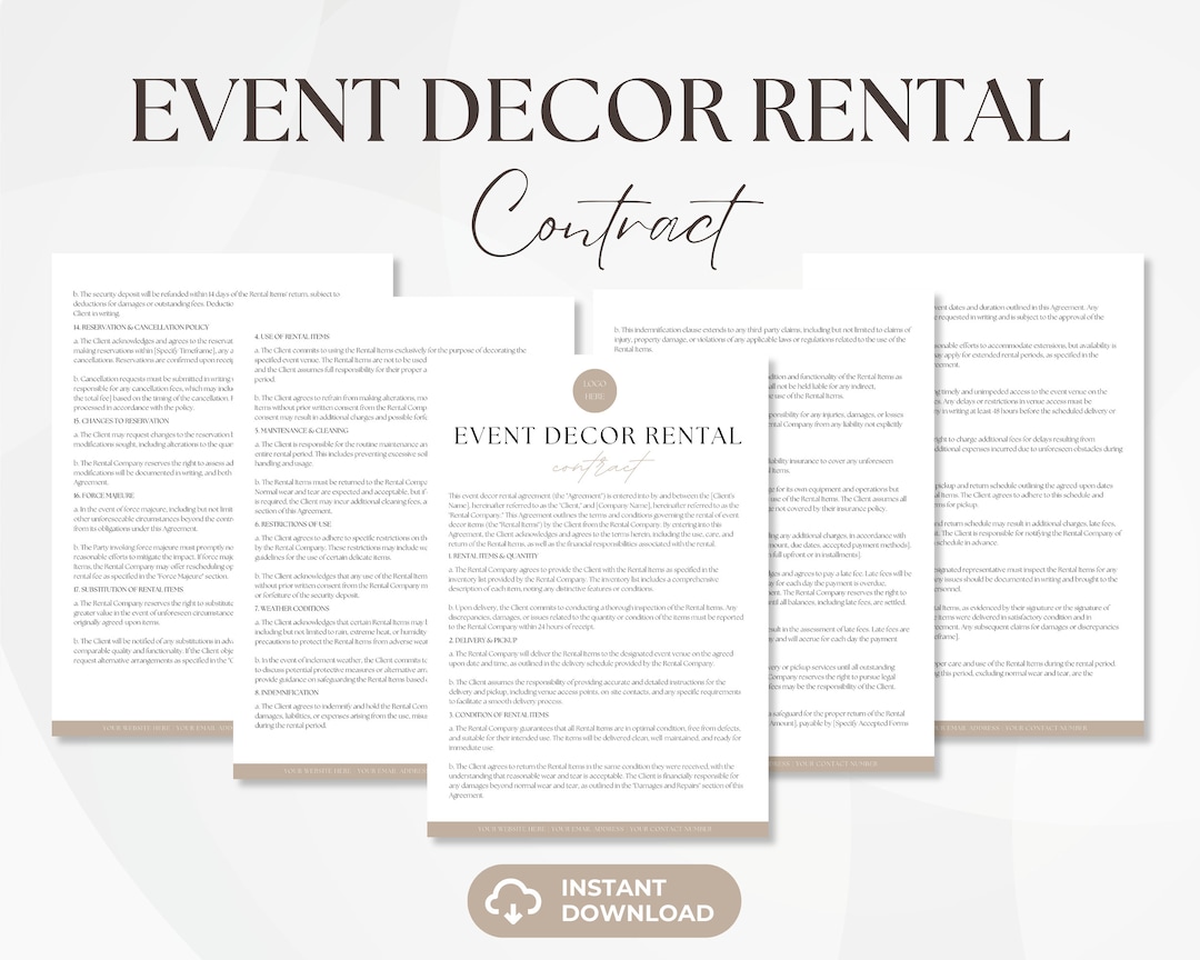 Event Decor Rental Contract, Editable Party Equipment Services
