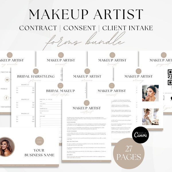 Makeup Artist Starter Kit, MUA Contract, Makeup Service Form, Makeup Artist Form, Bridal Makeup Contract, Canva Template