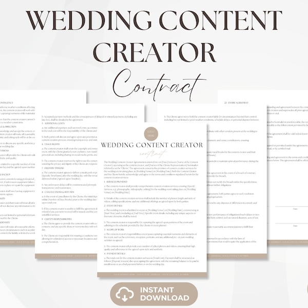 Wedding Content Creator Contract, Editable Content Creator Services Agreement, Wedding Photography Contract, Videography Forms, Canva Forms