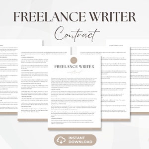May include: A printable freelance writer contract template in a light brown and white color scheme. The contract includes sections for the writer's responsibilities, the client's responsibilities, payment terms, and non-compete clause.