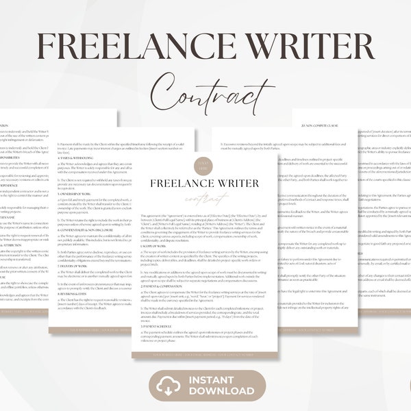 Freelance Writer Contract, Editable Author Services Agreement, Freelance Scope of Work, Client Invoice, Instant Download
