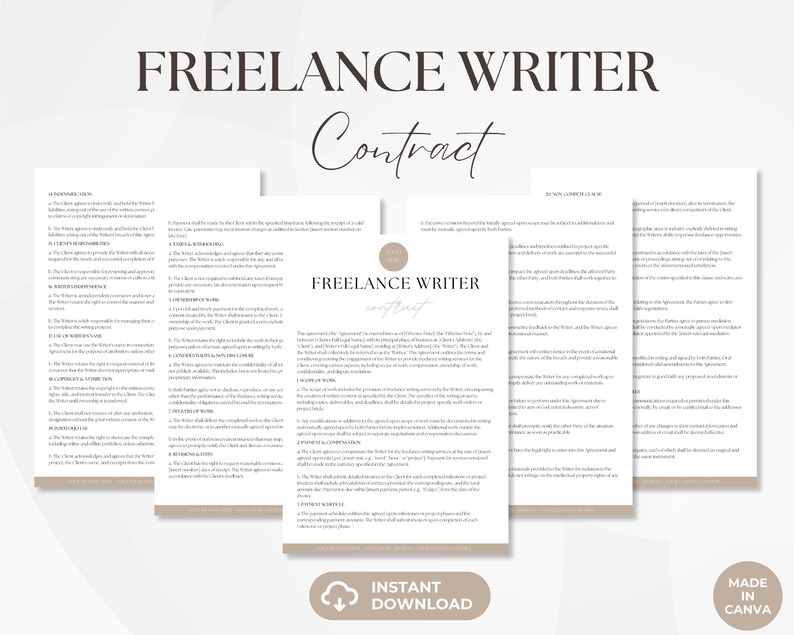 May include: A printable freelance writer contract template in a light brown and white color scheme. The contract includes sections for the writer's responsibilities, the client's responsibilities, payment terms, and non-compete clause.
