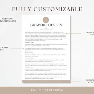 Puede incluir: Una plantilla de contrato de dise&ntilde;o gr&aacute;fico personalizable en un esquema de color marr&oacute;n claro y blanco. El texto dice "FULLY CUSTOMIZABLE", "ADD YOUR BUSINESS LOGO", "CHANGE THE TEXT", "GRAPHIC DESIGN contract", "CHANGE THE FONT", "CHANGE THE COLORS", y "EASILY EDIT IN CANVA".