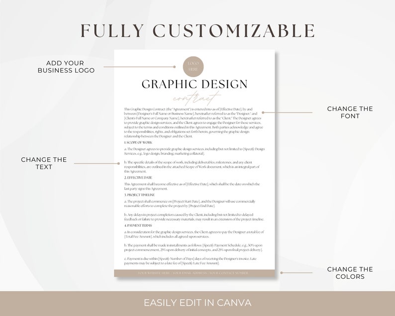Puede incluir: Una plantilla de contrato de dise&ntilde;o gr&aacute;fico personalizable en un esquema de color marr&oacute;n claro y blanco. El texto dice "FULLY CUSTOMIZABLE", "ADD YOUR BUSINESS LOGO", "CHANGE THE TEXT", "GRAPHIC DESIGN contract", "CHANGE THE FONT", "CHANGE THE COLORS", y "EASILY EDIT IN CANVA".
