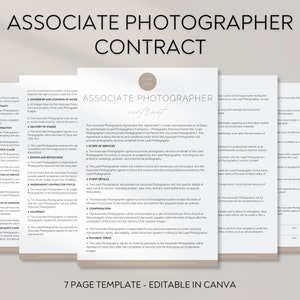 以下が含まれることがあります： Canvaで編集できるように設計された、アソシエイトフォトグラファー向けの7ページの契約書テンプレート。このテンプレートには、サービスの範囲、イベントの詳細、報酬、交通費、支払い条件に関するセクションが含まれています。