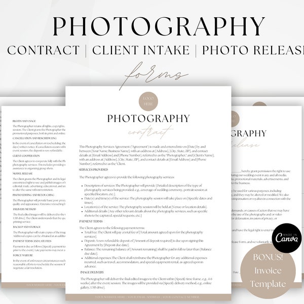 Photography Contract Template, Contract for Photographers, Canva Template, Editable Photography Contract, Client Agreement, Photography Form