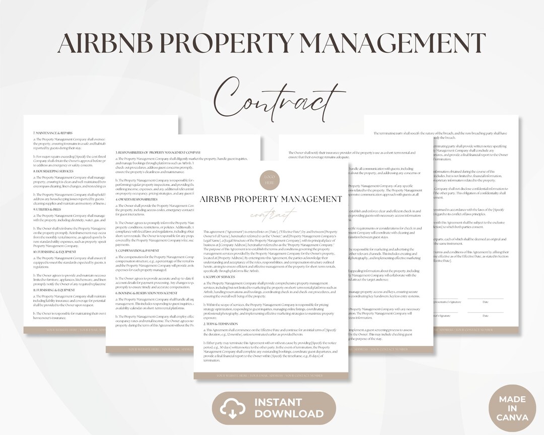 Airbnb Property Management Contract Editable VRBO Short term Rental Airbnb Property Management Contract Editable VRBO Short term Rental