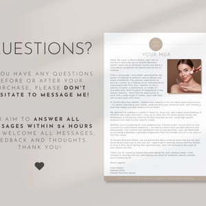 May include: A white and black text document with the title "Your MUA" and a message about answering questions within 24 hours. The document also includes a photo of a woman applying makeup to her face.