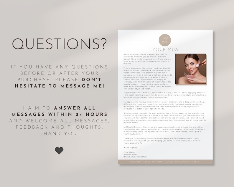 May include: A white and black text document with the title "Your MUA" and a message about answering questions within 24 hours. The document also includes a photo of a woman applying makeup to her face.