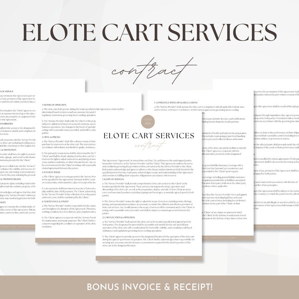 Elote Cart Services Contract, Editable Cart Services Agreement, Vendor Street Card Business Forms, Elotero Contract Template Forms
