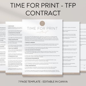 Może przedstawiać: Siedmiostronicowy szablon umowy Time for Print (TFP). Dokument zawiera umowy między fotografami i modelami, obejmujące wykorzystanie zdjęć, szczegóły sesji zdjęciowej i obowiązki. Tekst jest czarny na jasnym tle, ze słowami "Time for Print Contract".
